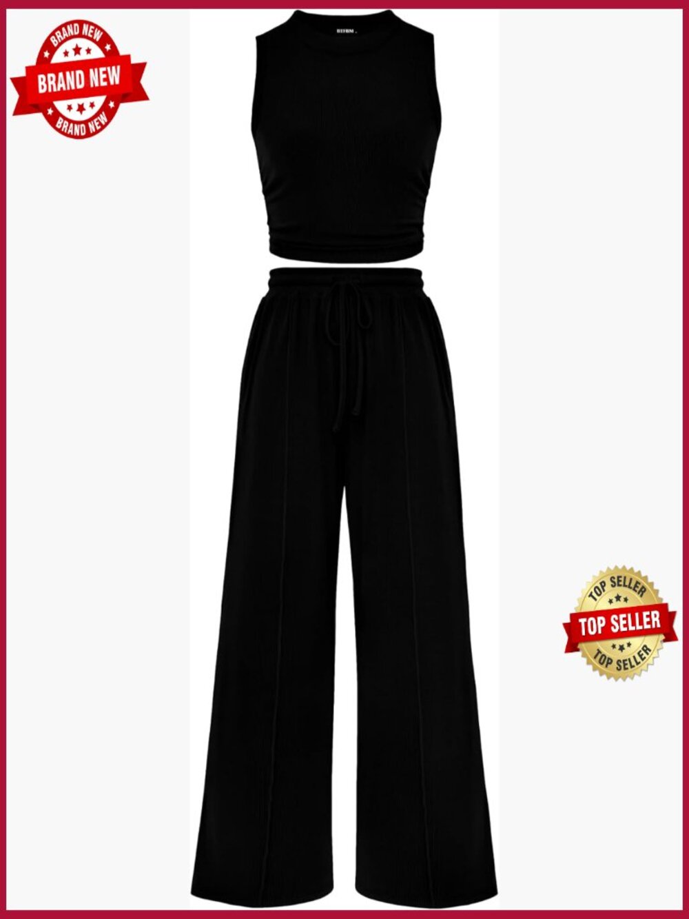 Ribbed Knit 2 Piece Lounge Set - Sleeveless Crop Top & Wide Leg Pants